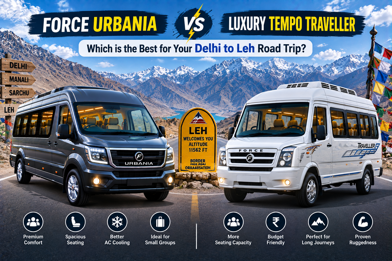 Force Urbania vs Luxury Tempo Traveller – Which is the Best for Your Delhi to Leh Road Trip?